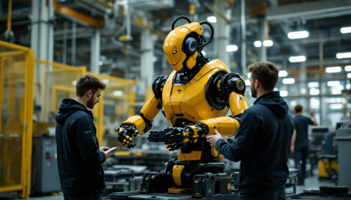 A photograph of a dynamic scene featuring an industrial robot in action at a boston dynamics facility