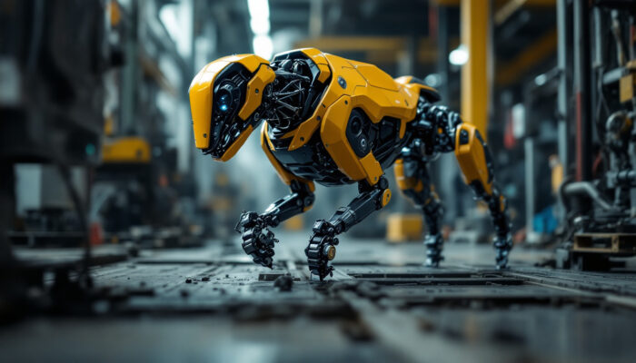 A photograph of capture a photograph of a boston dynamics robot dog in an industrial setting