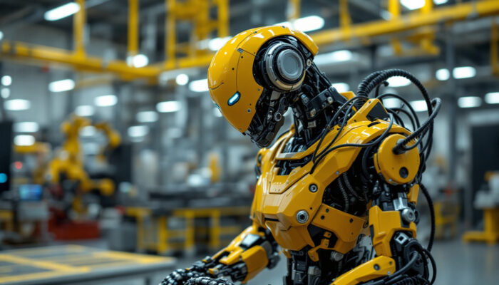 A photograph of a dynamic industrial robot in action at a boston dynamics facility