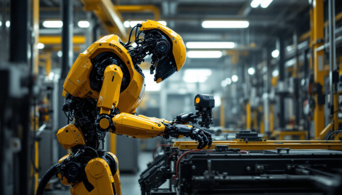 A photograph of a boston dynamics robot in action within an industrial setting