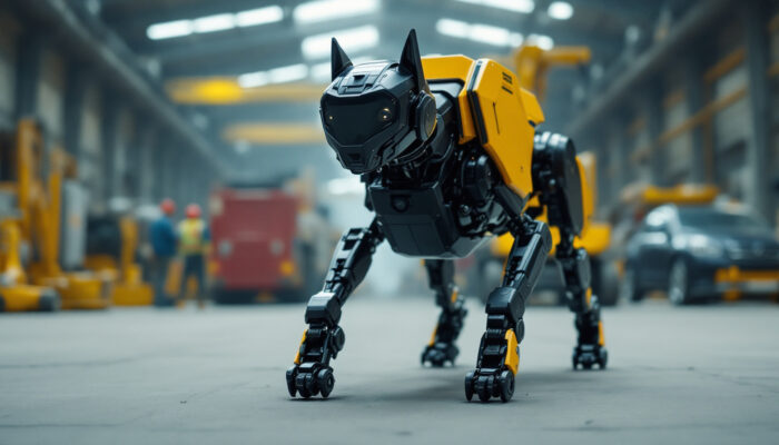 A photograph of capture a photograph of the boston dynamics robo dog in an industrial setting
