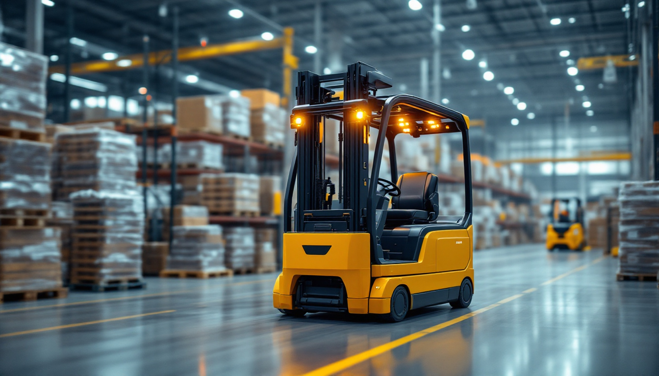 A photograph of capture a photograph of an automated forklift in action within a busy warehouse setting