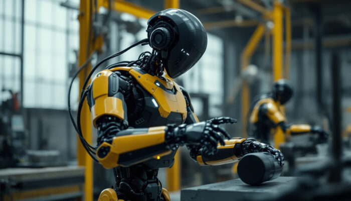 A photograph of capture a photograph of boston dynamics' humanoid robot in an industrial setting