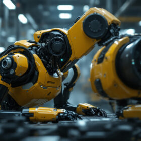 A photograph of capture a photograph of a boston dynamics robot in action within an industrial setting