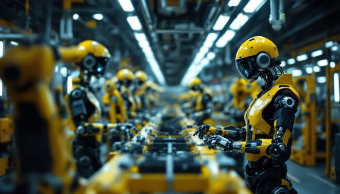 A photograph of a dynamic assembly line in a car manufacturing facility
