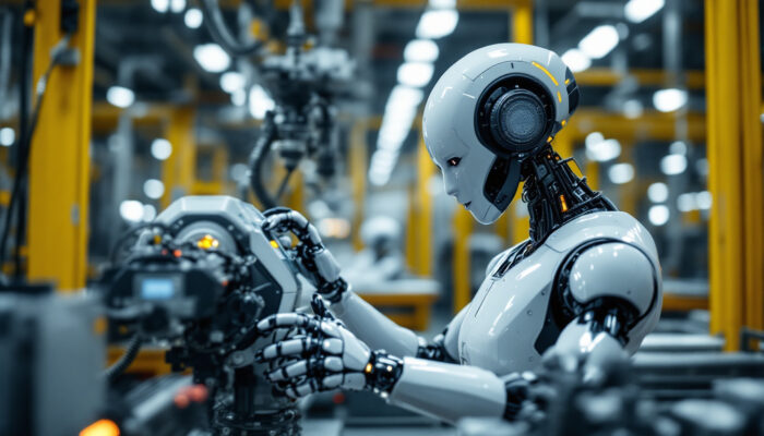 A photograph of a sleek industrial robot in action on a factory floor