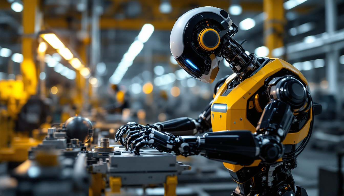 A photograph of a sleek industrial robot in action within a manufacturing environment