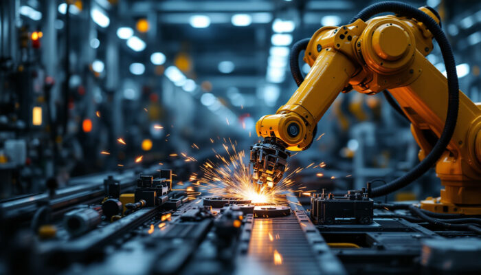 A photograph of capture a photograph of an industrial robot actively assembling or welding components on an automotive production line