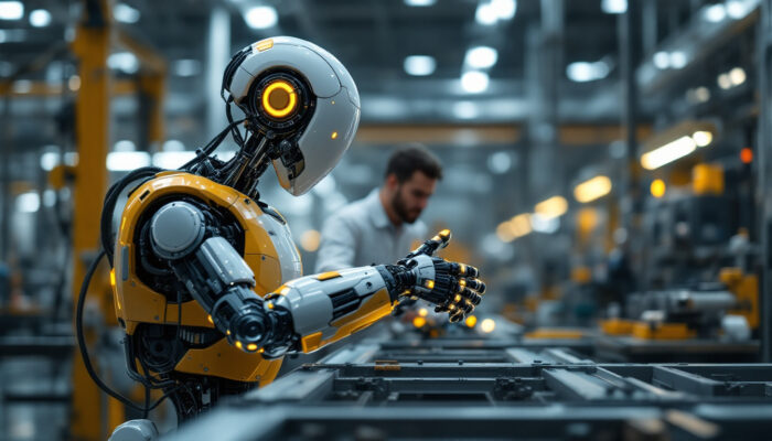 A photograph of a modern industrial robot in action within a manufacturing setting