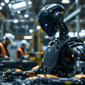 A photograph of a tesla robot in an industrial setting