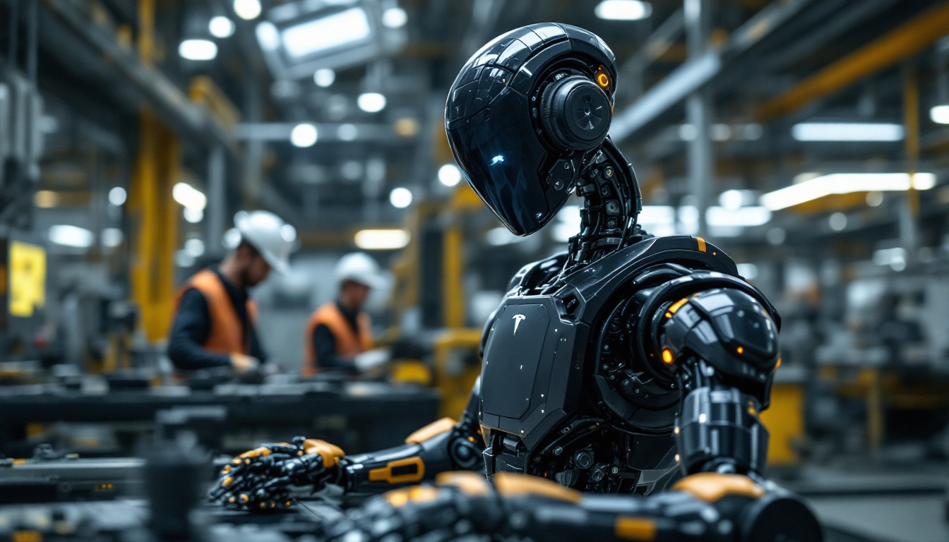 A photograph of a tesla robot in an industrial setting