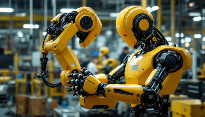 A photograph of a modern industrial robot in action within a manufacturing facility