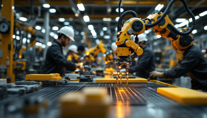 A photograph of a bustling japanese factory floor showcasing advanced industrial robots in action