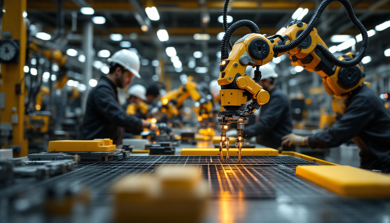 A photograph of a bustling japanese factory floor showcasing advanced industrial robots in action