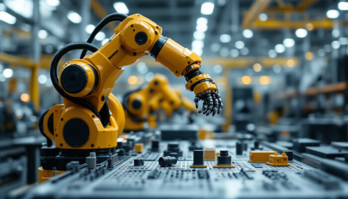 A photograph of a dynamic industrial robotic arm in action