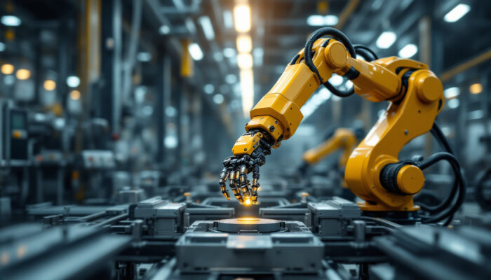 A photograph of a modern industrial robotics facility in korea