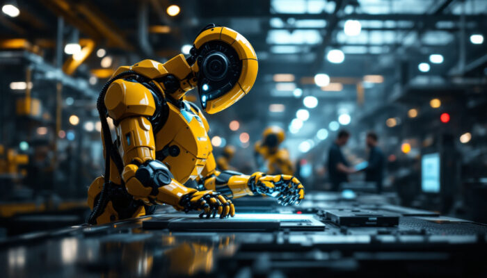 A photograph of a modern industrial robot in action on a factory floor