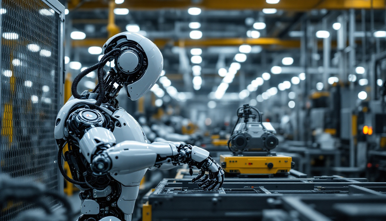 A photograph of a modern industrial robot in action on a factory floor