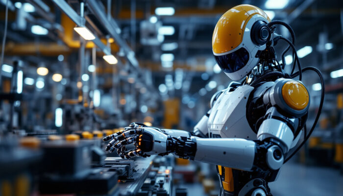 A photograph of a cutting-edge industrial robot in action within a manufacturing setting