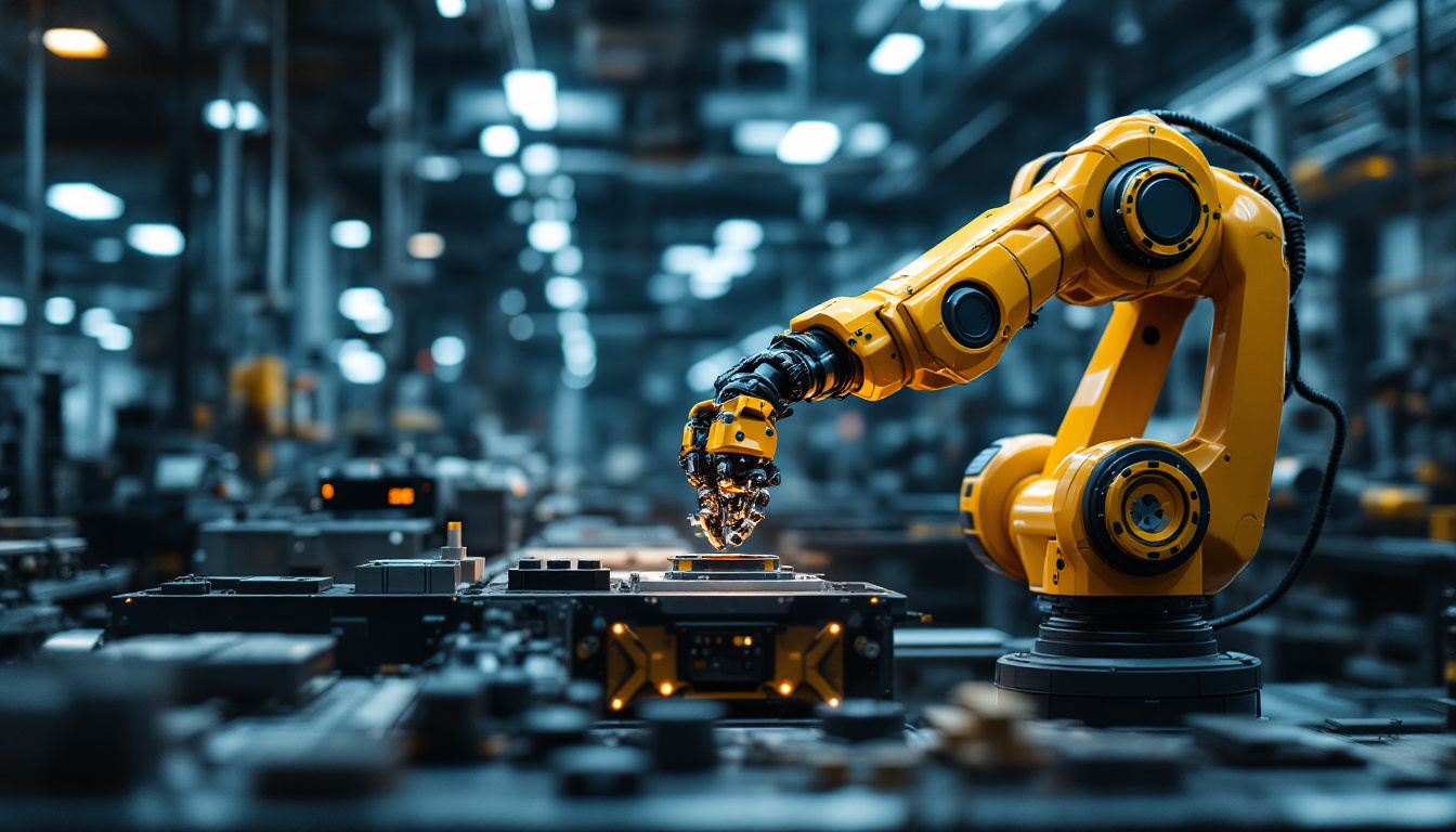 A photograph of a dynamic industrial setting showcasing a robotic arm in action