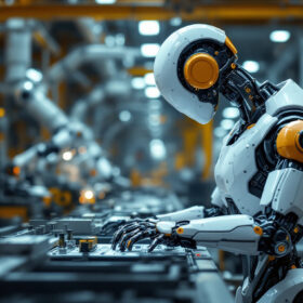 A photograph of a sleek industrial robot in action on a factory floor