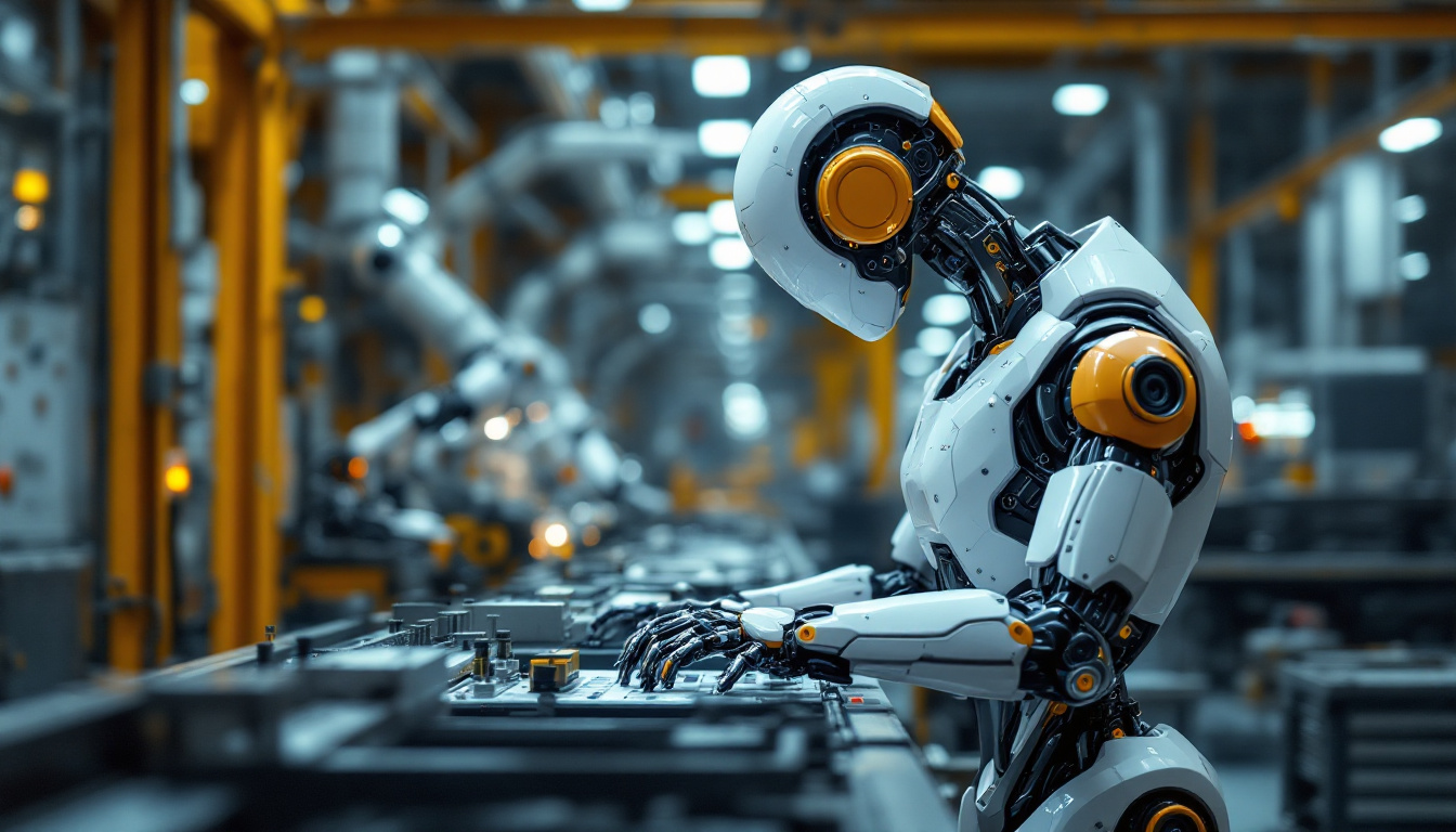 A photograph of a sleek industrial robot in action on a factory floor