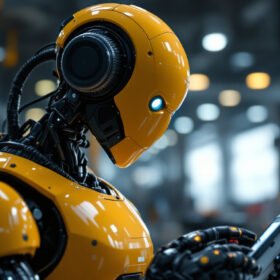 A photograph of a sleek industrial robot in action