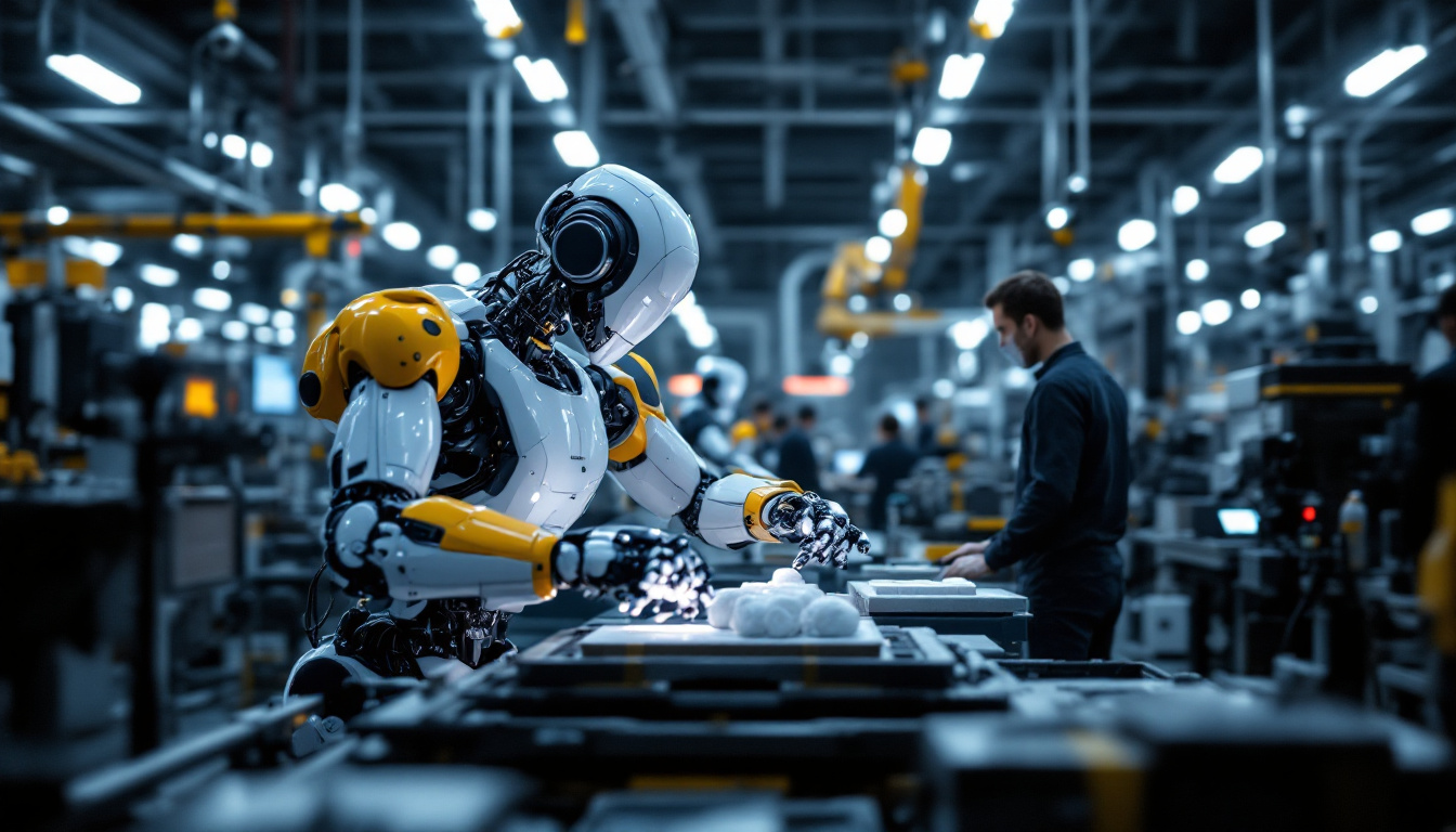 A photograph of a modern industrial robot in action on a manufacturing floor