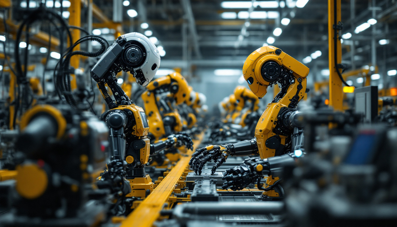 A photograph of a bustling industrial setting showcasing various types of robots in action