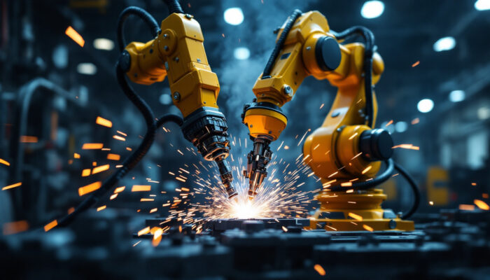 A photograph of a spot welding robot in action