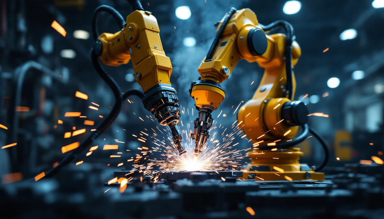 A photograph of a spot welding robot in action