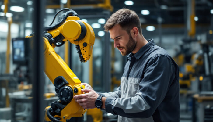 A photograph of a skilled technician conducting hands-on training with an industrial robot in a modern manufacturing environment