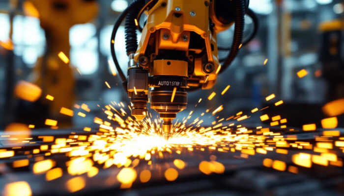 A photograph of a high-tech industrial robotic arm performing automatic spot welding on a metal workpiece in a dynamic factory setting