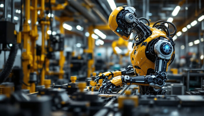 A photograph of a modern industrial robot in action within a manufacturing environment