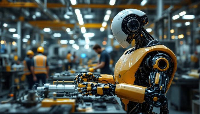 A photograph of a sleek industrial robot in action within a modern manufacturing environment