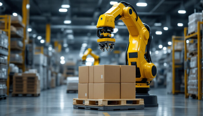 A photograph of a palletizing robot in action