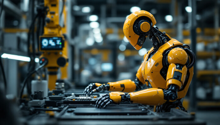 A photograph of capture a photograph of a modern industrial robot in action within a manufacturing setting