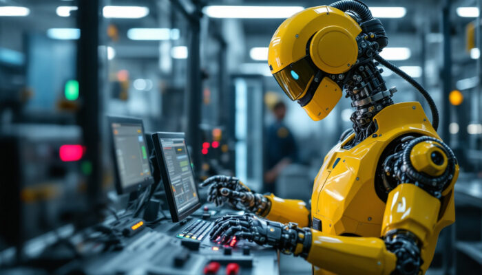 A photograph of a skilled technician programming an industrial robot in a modern manufacturing environment