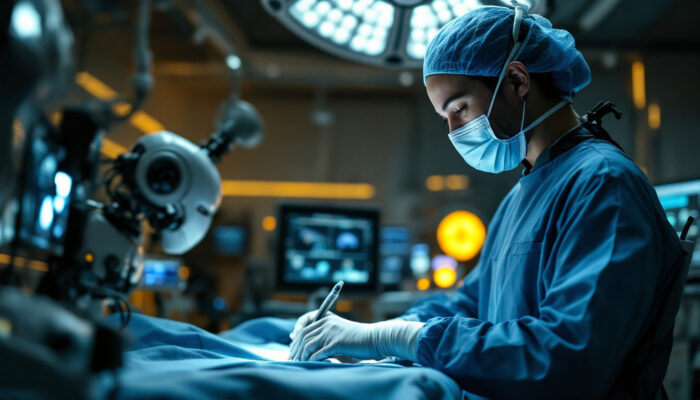 A photograph of a skilled surgeon operating a state-of-the-art surgical robot in a modern operating room