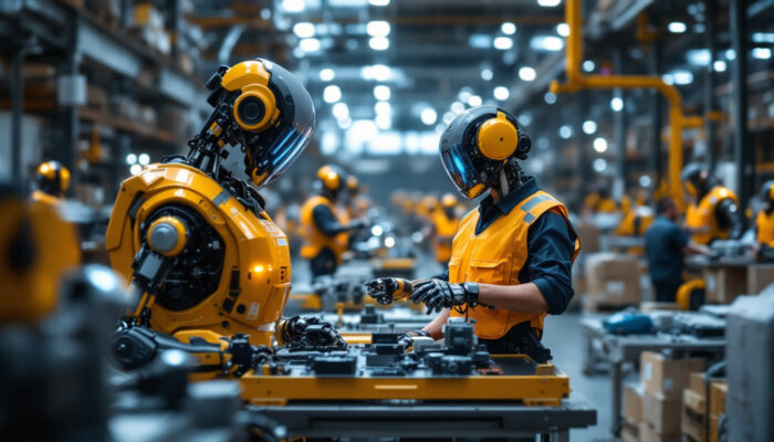 A photograph of a bustling warehouse environment showcasing various industrial robots efficiently working alongside human employees