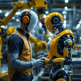 A photograph of a modern industrial robot in action within a manufacturing environment