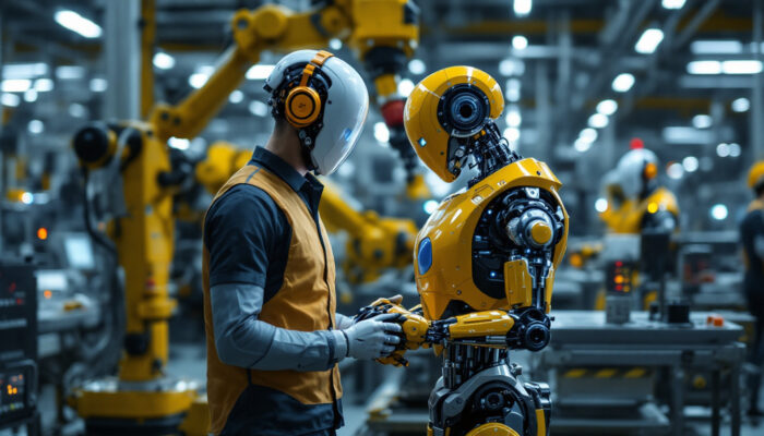 A photograph of a modern industrial robot in action within a manufacturing environment