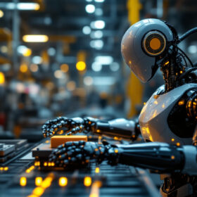 A photograph of a sleek industrial robot in action within a manufacturing environment