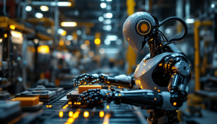 A photograph of a sleek industrial robot in action within a manufacturing environment