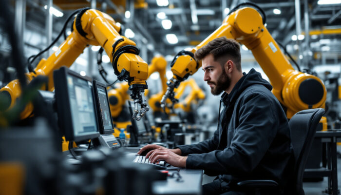 A photograph of a skilled embedded software engineer working on a computer surrounded by industrial robotic arms in a high-tech manufacturing environment