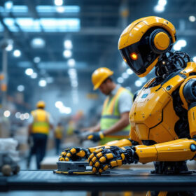 A photograph of a logistics robot in action within a modern warehouse environment
