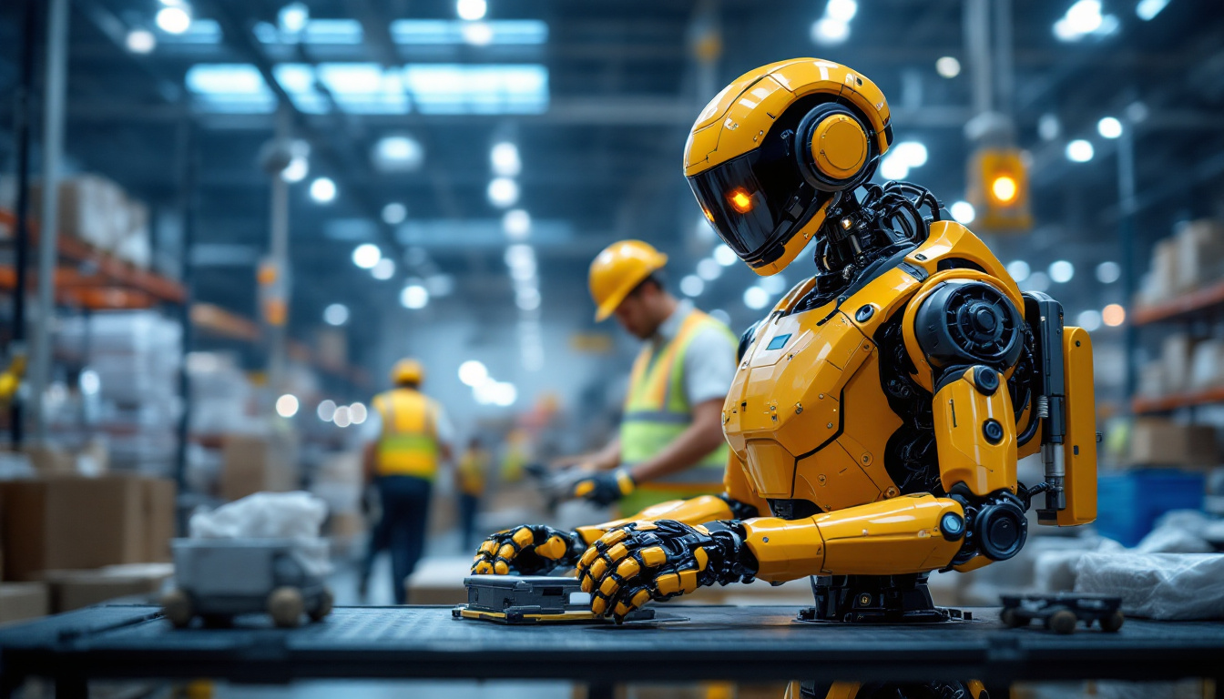 A photograph of a logistics robot in action within a modern warehouse environment
