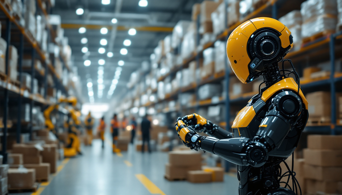 A photograph of a busy warehouse environment showcasing various industrial robots in action