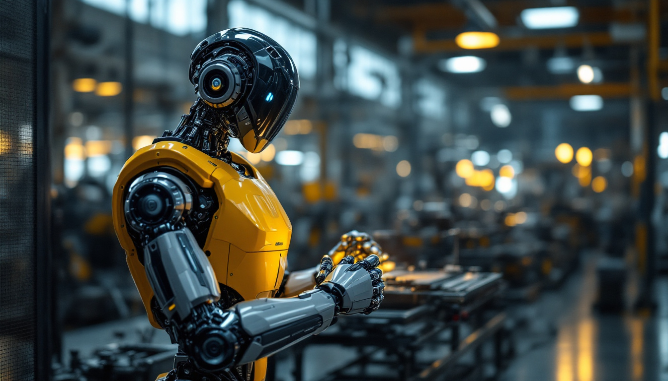 A photograph of a sleek industrial robot in action within a modern manufacturing environment