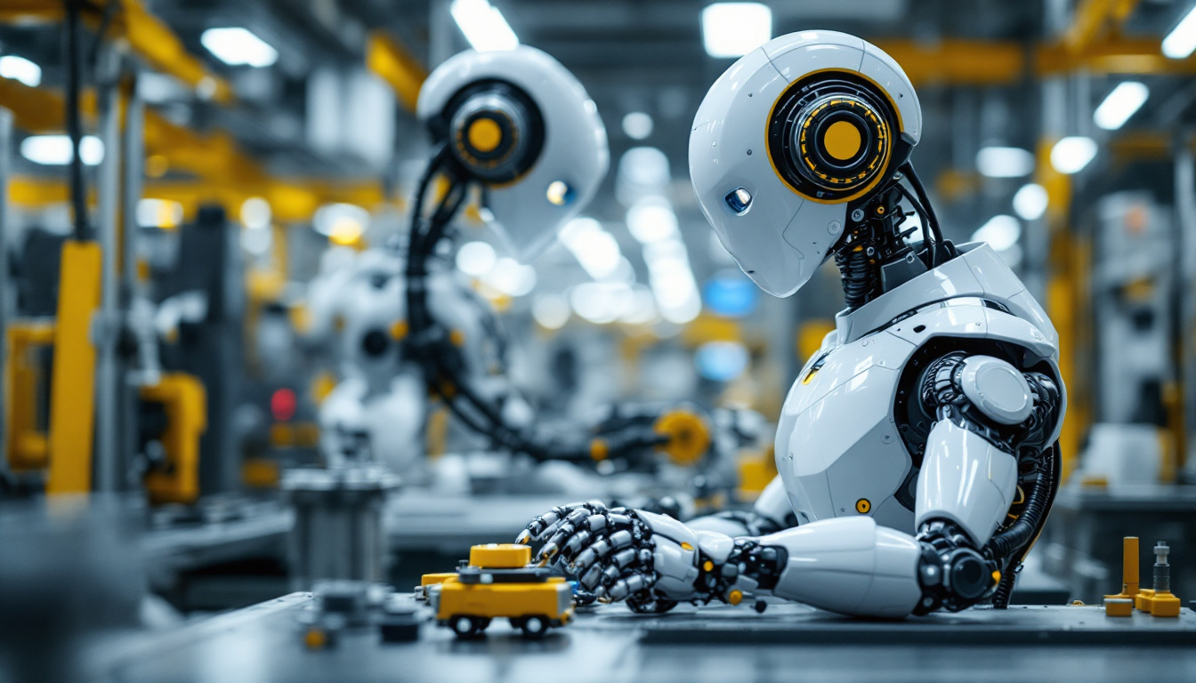A photograph of a sleek industrial robot in action within a manufacturing environment